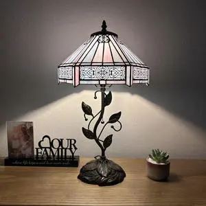 ENJOY DECOR LAMPS Tiffany Style Table Lamp Hexagon Sky Color Stained Glass Included LED Bulb for Living Room Bedroom Bedside 12"W*12"D*22"H