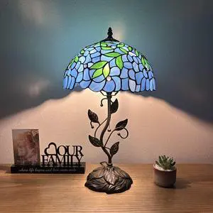 ENJOY DECOR LAMPS Tiffany Style Table Lamp Blue Stained Glass Green Leaves Iron Metal Leaves Bronze Base Included LED Bulb for Living Room Dining Room Bedroom Bedside 12"W*12"D*22"H
