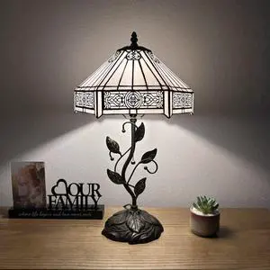 ENJOY DECOR LAMPS Tiffany Style Table Lamp White Hexagon Stained Glass Included LED Bulb for Living Room Bedroom Bedside 12"W*12"D*22"H