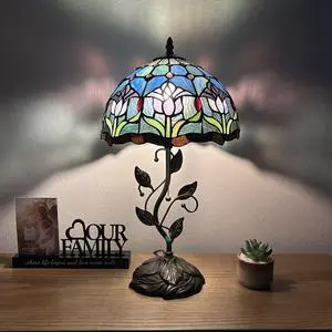 ENJOY DECOR LAMPS Tiffany Style Table Lamp Blue Purple Stained Glass Tulips Included LED Bulb for Living Room Bedroom Bedside 12"W*12"D*22"H