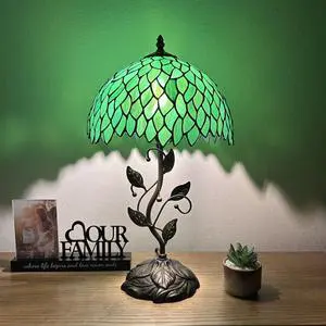 ENJOY DECOR LAMPS Tiffany Style Table Lamp Green Leaves Stained Glass Included LED Bulb for Living Room Bedroom Bedside 12"W*12"D*22"H