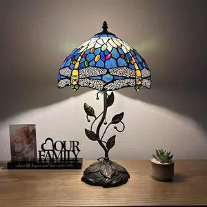 ENJOY DECOR LAMPS Tiffany Style Table Lamp Blue Stained Glass Dragonfly Included LED Bulb for Living Room Bedroom Bedside 12"W*12"D*22"H