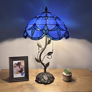 Tiffany Table Lamp Blue Stained Glass Baroque Style Lavender Iron Metal Leaves Bronze Base Included LED Bulbs for Living Room Dining Room Bedroom Bedside H24*W14 in