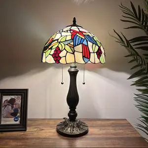 ENJOY DECOR LAMPS Tiffany Style Table Lamp Blue Green Red Stained Glass Parrot LED Bulbs Included for Living Room Bedroom Bedside 12"W*12"D*22"H