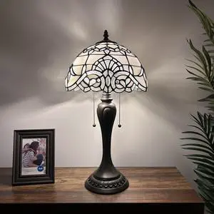 ENJOY DECOR LAMPS Tiffany Style Table Lamp White Stained Glass Baroque Style Lavender Bedroom LED Bulbs Included Living Room Bedroom 12"W*12"D*22"H