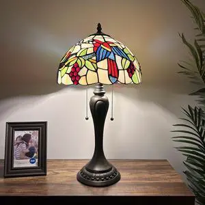 ENJOY DECOR LAMPS Tiffany Style Table Lamp Parrots Blue Red Green Stained Glass Included LED Bulb for Living Room Bedroom Bedside 12"W*12"D*22"H
