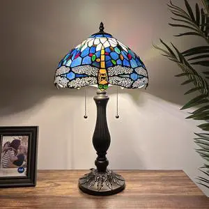 ENJOY DECOR LAMPS Tiffany Style Table Lamp Dragonfly Blue Stained glass LED Bulbs Included for Living Room Bedroom Bedside 12"W*12"D*22"H
