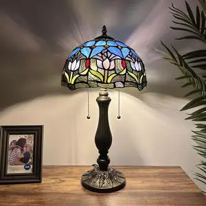 ENJOY DECOR LAMPS Tiffany Style Table Lamp Purple Blue Stained Glass Tulips LED Bulbs Included for Living Room Bedroom Bedside 12"W*12"D*22"H