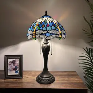 ENJOY DECOR LAMPS Tiffany Style Table Lamp Dragonfly Blue Stained Glass Included LED Bulbs for Living Room Bedroom Bedside 12"W*12"D*22"H