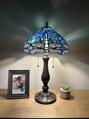 ENJOY DECOR LAMPS Tiffany Style Table Lamp Blue Stained Glass Dragonfly LED Bulbs Included for Living Room Bedroom Bedside 12"W*12"D*22"H