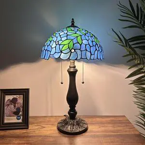 ENJOY DECOR LAMPS Tiffany Style Table Lamp Blue Stained Glass Green Leaves LED Bulbs Included for Living Room Bedroom Bedside 12"W*12"D*22"H