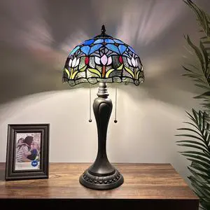 ENJOY DECOR LAMPS Tiffany Style Table Lamp Blue Purple Stained Glass Tulips LED Bulbs Included  For Living Room Bedroom Bedside  12"W*12"D*22"H