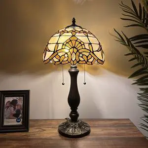 ENJOY DECOR LAMPS Tiffany Style Table Lamp Gold Stained Glass Baroque Style Lavender LED Bulbs Included Bedroom Living Room 12"W*12"D*22"H