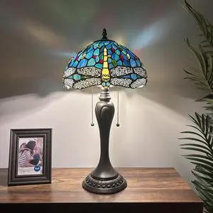 ENJOY DECOR LAMPS Tiffany Style Table Lamp Green Blue Stained Glass Dragonfly LED Bulbs Included for Living Room  Bedroom Bedside 12"W*12"D*22"H