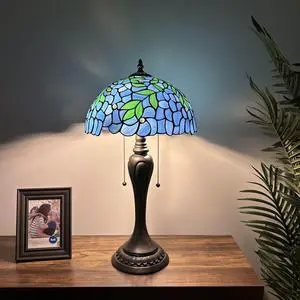 ENJOY DECOR LAMPS Tiffany Style Table Lamp Blue Stained Glass Green Leaves LED Bulbs Included Vintage For Living Room Bedroom Bedside 12"W*12"D*22"H