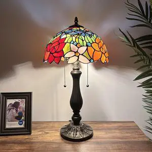 ENJOY DECOR LAMPS Tiffany Style Table Lamp Red Orange Blue Stained Glass Rose Flowers LED Bulbs Included for Living Room Bedroom Bedside 12"W*12"D*22"H
