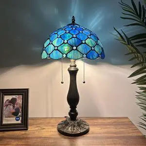 ENJOY DECOR LAMPS Tiffany Style Table Lamp Blue Green Stained Glass Crystal Beans Included LED Bulbs for Living Room Bedroom Bedside 12"W*12"D*22"H