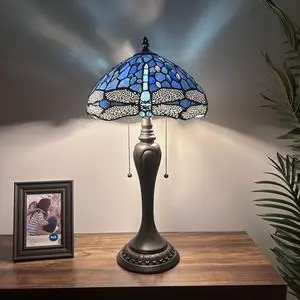 ENJOY DECOR LAMPS Tiffany Style Table Lamp Blue Stained Glass Dragonfly LED Bulbs Included for Living Room Bedroom Bedside 12"W*12"D*22"H