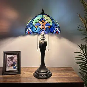 ENJOY DECOR LAMPS Tiffany Style Table Lamp Green Blue Stained Glass LED Bulbs Included Liaison Lamp for Living Room Bedroom Bedside 12"W*12"D*22"H