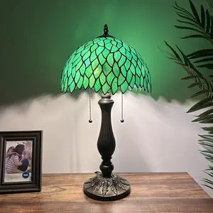 ENJOY DECOR LAMPS Tiffany Style Table Lamp Green Stained Glass Green Leaves Included LED Bulbs Pull Chain Switches for Living Room Bedroom Bedside 12"W*12"D*22"H