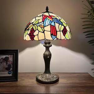 ENJOY DECOR LAMPS Tiffany Style Table Lamp Red blue Green Stained Glass Parrots Grapes For Living Room Bedroom Bedside 12"W*12"D*19"H