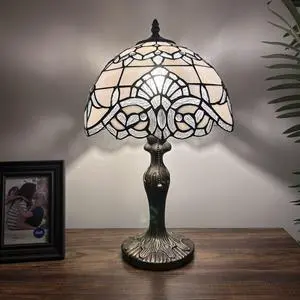 ENJOY DECOR LAMPS Tiffany Style Table Lamp White Stained Glass Baroque Style Lavender LED Bulb Included Bedroom Living Room 12"W*12"D*19"H