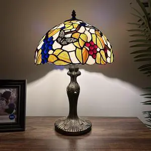 ENJOY DECOR LAMPS Tiffany Style Table Lamp Stained Glass Butterfly Grapes Green Leaves For Living Room Bedroom Bedside 12"W*12"D*19"H