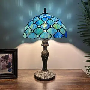 ENJOY DECOR LAMPS Tiffany Style Table Lamp Blue Green Stained Glass Crystal Beans Included LED Bulb For Living Room Bedroom Bedside 12"W*12"D*19"H