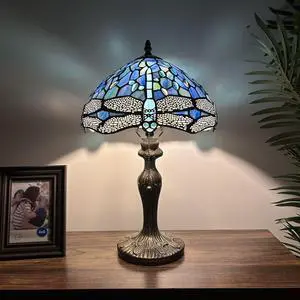 ENJOY DECOR LAMPS Tiffany Style Table Lamp Blue Stained Glass Dragonfly LED Bulb Included For Living Room Bedroom Bedside 12"W*12"D*19"H