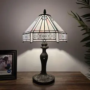 ENJOY DECOR LAMPS Tiffany Style Table Lamp Sky Color Hexagon Stained Glass LED Bulb Included for Living  Room Bedroom Bedside 12"W*12"D*19"H