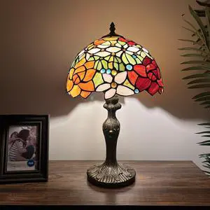 ENJOY DECOR LAMPS Tiffany Style Table Lamp Red Orange Stained Glass Rose Flowers LED Bulb Included for Living Room Bedroom Bedside 12"W*12"D*19"H