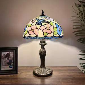 ENJOY DECOR LAMPS Tiffany Style Table Lamp Hummingbird Flowers Pink Blue Stained Glass for Living Room Bedroom Bedside 12"W*12"D*19"H