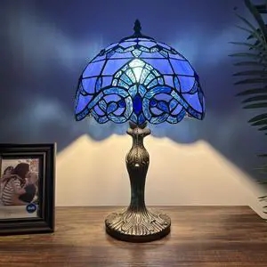 ENJOY DECOR LAMPS Tiffany Style Table Lamp Blue Stained Glass Baroque Style Lavender LED Bulb Included  for Living Room Bedroom Bedside 12"W*12"D*19"H