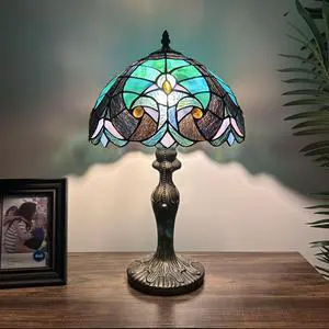 ENJOY DECOR LAMPS Tiffany Style Table Lamp Green Brown Stained Glass Liaison LED Bulb Included for Living Room Bedroom Bedside 12"W*12"D*19"H