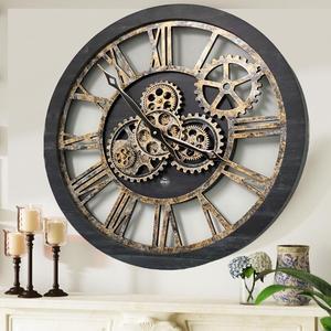 The Gears Clock 24'' Inch Real Moving Gear Wall Clock Vintage Industrial Oversized Rustic Farmhouse (Vintage Black Wood and Bronze)