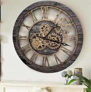 The Gears Clock 24'' Inch Real Moving Gear Wall Clock Vintage Industrial Oversized Rustic Farmhouse (Vintage Carbon Grey and Bronze)