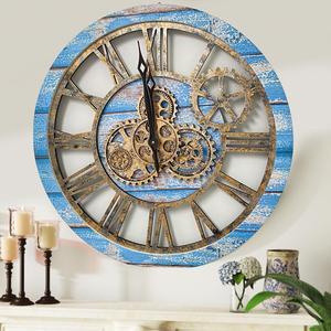 The Gears Clock 24 Inch Real Moving Gear Wall Clock Vintage Industrial Oversized Rustic Farmhouse Vintage Ocean Blue and Bronze