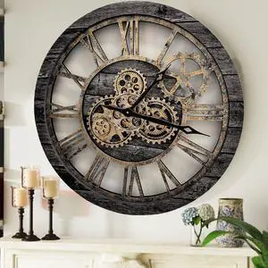 The Gears Clock 24'' Inch Real Moving Gear Wall Clock Vintage Industrial Oversized Rustic Farmhouse Carbon Grey