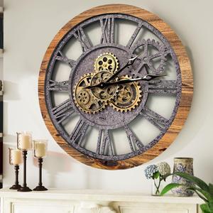 The Gears Clock 24'' Inch Real Moving Gear Wall Clock Vintage Industrial Oversized Rustic Farmhouse Brown/Grey