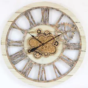 The Gears Clock 36'' Inch Real Moving Gear Wall Clock Vintage Industrial Oversized Rustic Farmhouse Desert Beige