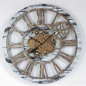 The Gears Clock 36'' Inch Real Moving Gear Wall Clock Vintage Industrial Oversized Rustic Farmhouse Grey & White
