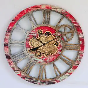 The Gears Clock 36'' Inch Real Moving Gear Wall Clock Vintage Industrial Oversized Rustic Farmhouse Red Lava