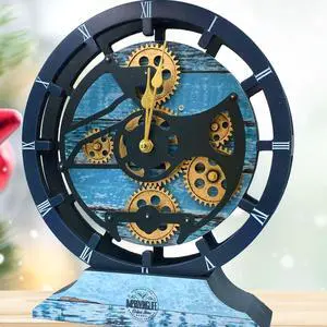 The Gears Clock Desk Clock 10 Inches With Real Moving Gear Convertible Into Wall Clock Ocean Blue