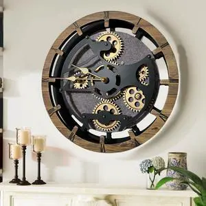 The Gears Clock 16 inches Wall Clock With Real Moving Gears convertible into a big Mantel Clock Wood Stone
