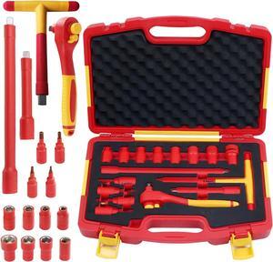 WEDO Insulated 3/8" Socket Set 16Pcs, VDE 1000V Electrician Socket Wrench Kit, 8 Socket 6 pt, Ratchet Wrench,T-Type Handle, 2 Driver Extension, 4 Hexagon Sockets, IEC 60900