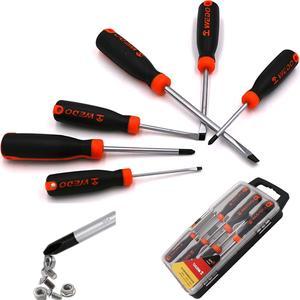 WEDO 6Pcs Screwdriver Set, Magnetic Screwdriver with 2 Flat& 4 Philips Head Tips with Case Package, PH1*75mm, PH2*100mm, 3 * 75mm, 5 * 75mm, 6 * 100mm, 8 * 150mm, Heavy Duty S2 Steel Made