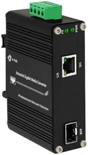 E-link Industrial Gigabit 60W PoE Media Converter Hardened Ultra PoE 802.3at/bt PoE++ Ethernet Fiber Media Converter 100/1000Base-SX SFP Din Rail Mount Aluminum Housing -40deg- 75 degC