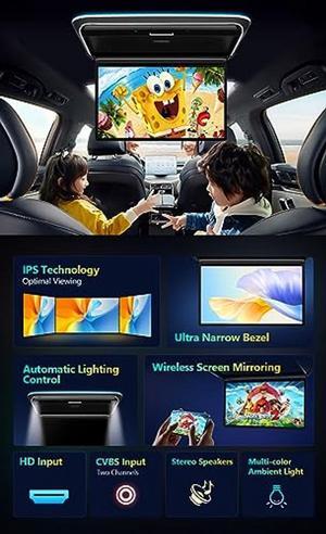 XTRONS Android Car Overhead Player 14 Inch Wide IPS Screen 1920x1080 Car Roof Mount Monitor with Built-in Stereo Speakers Flip Down Overhead Car Monitor Support WiFi, HDMI Input, USB, CVBS Input