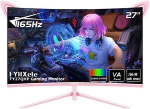 FYHXele FY27QHP Pink Monitor 27 Inch Curved Gaming 165Hz - Support 144Hz 1800R 1ms QHD 2560 x 1440P VA Screen, Built-in Speakers, AMD Free-Sync, HDMI, DP, USB, AUX, Tilt Adjustable