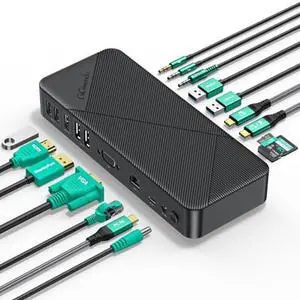 GiGimundo TG20 USB-C Docking Station - Triple Monitor Display, PD60W, 1Gbps Ethernet, 4K@60Hz HDMI DP, VGA, Multi Ports with AUX, Volume Knob, USB, SD/TF Reader - for Windows Laptops